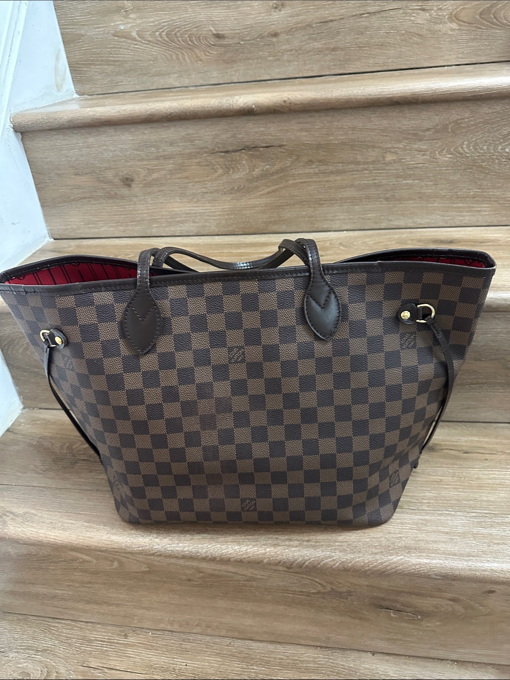 Authentic Louis Vuitton Neverfull Damier Ebene Canvas Tote with Red Interior